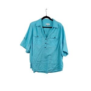 Coral Bay Woman Turquoise Blue Linen Rayon Blend Collared Tunic Shirt 1X